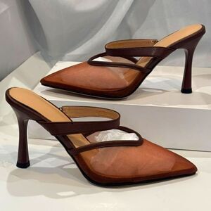 Women’s Brown Solid Pointed Toe Slip On Mule Stiletto Heels Straps 7.5 NWB